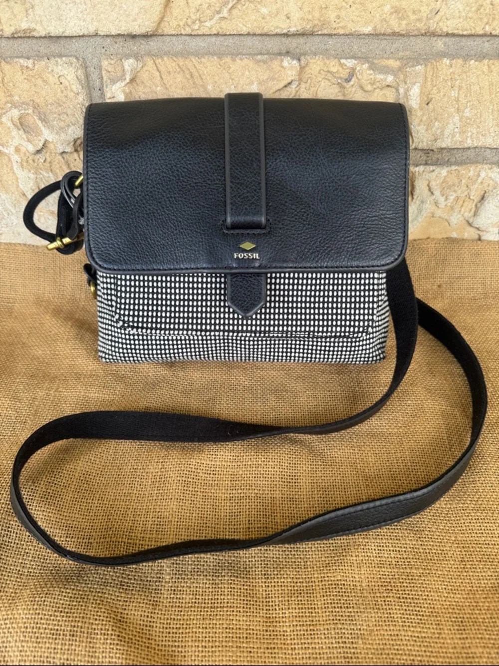 Fossil Black Leather Crossbody with Black & White Pattern NWOT